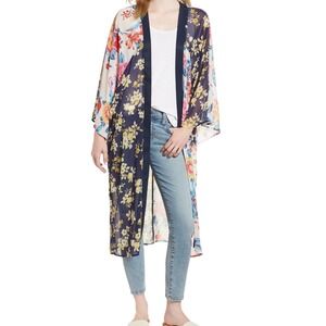Nordstrom Boho Floral Patchwork Kimono Duster Navy Cream Red Blue One Size